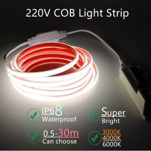 30m 220V 방수 COB LED 스트립 빛 접착 테이프 EU 플러그 플렉스 실리콘 튜브 램프 홈 야외 정원 조명 따뜻한 IP68