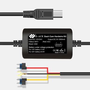 E-ACE 대시 카메라 키트 백미러 후면 카메라 어댑터, 미니 USB 차량용 충전기, 하드 와이어, 3.5 미터 벅 라인