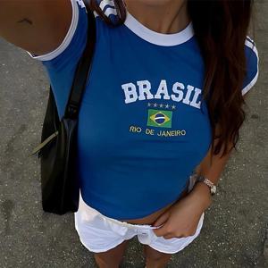 Womens Aesthetic BRASIL 편지 인쇄 티셔츠와 반바지 정장, 빈티지 그런지 반소매 베이비 티셔츠, 여름 자르기 탑 Y2k 옷