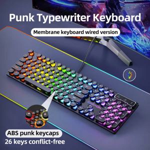 EWEADN GX330 타자기 게임용 키보드, 104 키 유선 레트로 펑크 라운드 키캡, RGB 백라이트 포함, Windows 노트북 PC용 검정색