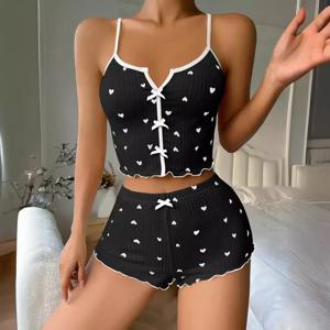 섹시한 잠옷 여성 잠옷 세트 하트 프린트 실크 얼룩 v 넥 민소매 캐주얼 캐미 탑 & 반바지 세트 홈 슈트 Loungewear