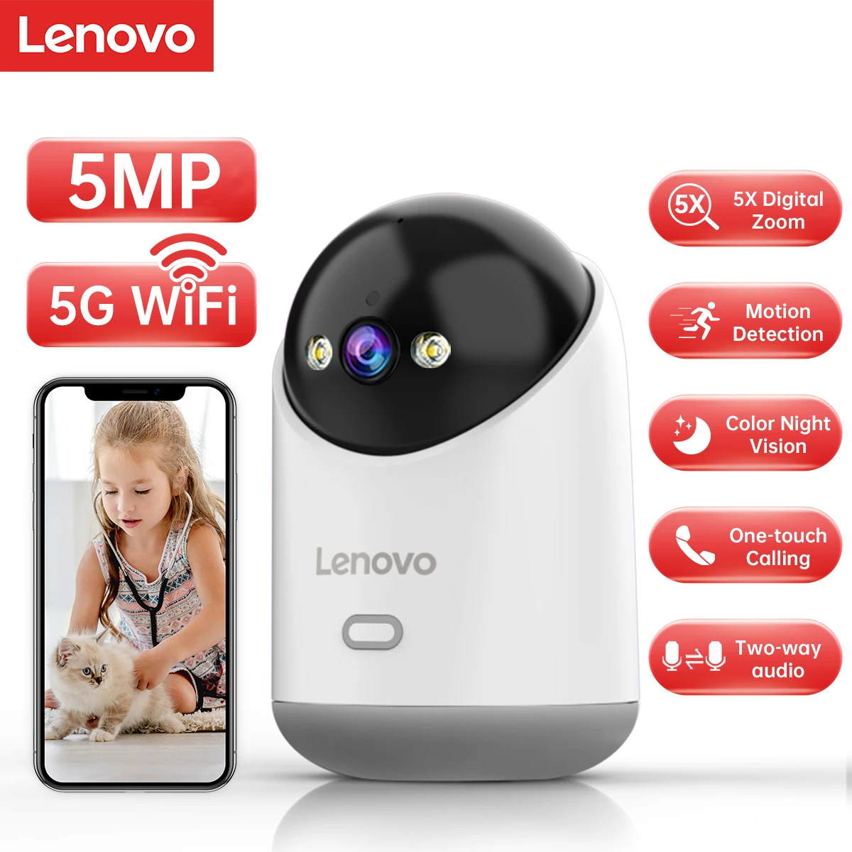 레노버 5MP WiFi 카메라 스마트 홈 실내 무선 IP 감시 카메라 자동 추적 보안 CCTV 감시 베이비 모니터