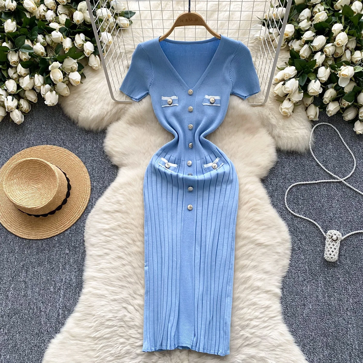 YuooMuoo 세련된 패션 섹시한 랩 엉덩이 니트 드레스 여성 v 넥 짧은 소매 Bodycon Pleated 스웨터 드레스 Office Lady Vestios