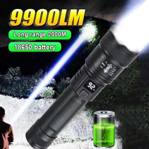 9900LM 강력한 LED 손전등 배터리 디스플레이 USB 충전식 라이트 텔레스코픽 줌 토치 램프 야외 캠핑 낚시 랜턴