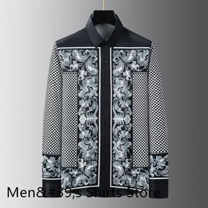 럭셔리 레트로 프린트 셔츠 남성 슬림 피트 긴 소매 사회 연회 셔츠 고품질 비즈니스 캐주얼 남성복