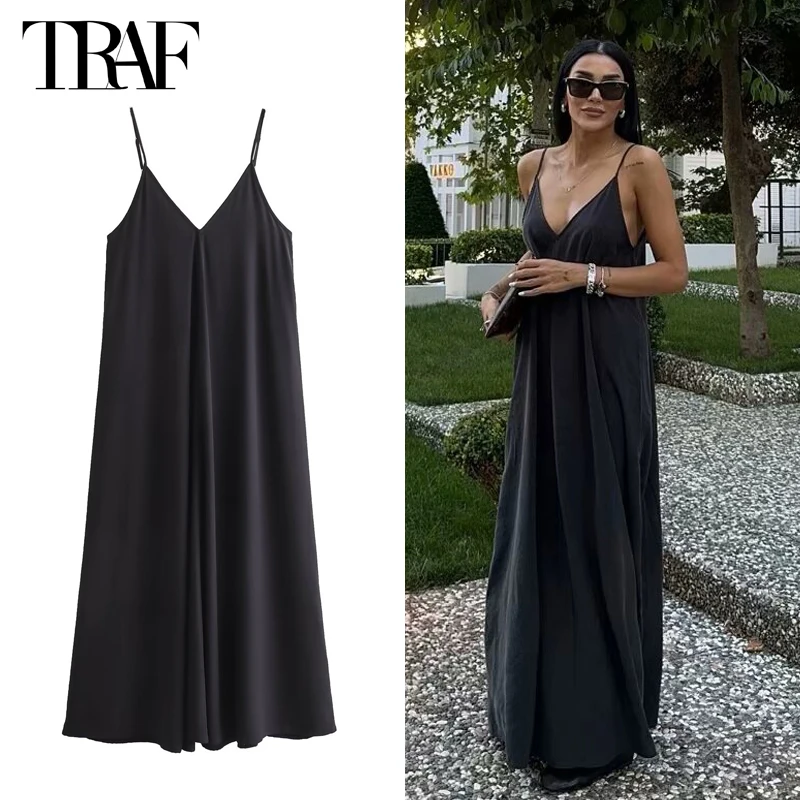 TRAF 여성을위한 블랙 슬립 롱 드레스 레드 Draped 여름 드레스 여성 2024 섹시한 백리스 맥시 드레스 여성 여름 해변 드레스
