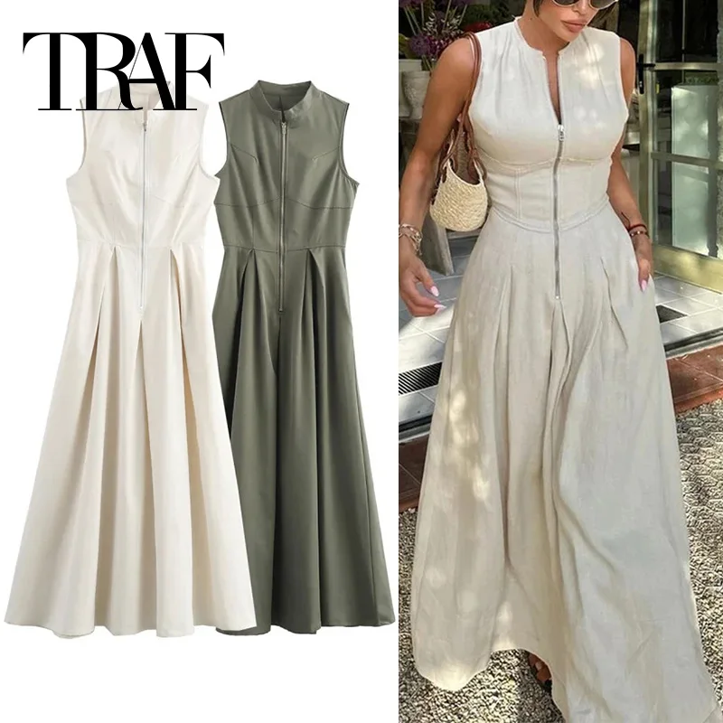 TRAF 지퍼 롱 드레스 여자 Pleated 민소매 Bodycon 복장 여성을위한 여름 우아한 파티 드레스 2024 새로운 미디 드레스