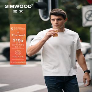SIMWOOD 2025 봄 여름 새로운 기본 레이어 310gsm 열 직물 레귤러 피트 티셔츠 남성 소프트 브러시 프로세스 편안한상의