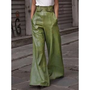 Modigirl 가을 겨울 여성의 가짜 Pu 긴 바지 2024 높은 허리 느슨한 Pleated 주머니 streetwear 여성 넓은 다리 바지