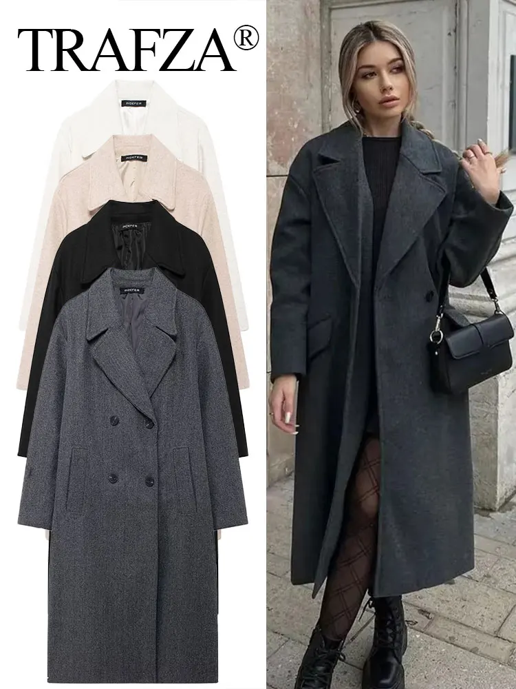 여성을위한 TRAFZA 겨울 코트 2024 솔리드 옷깃 더블 브레스트 롱 가디건 탑 여성 Pokcet Streetwear 여성 OuterCoat의 새로운 기능