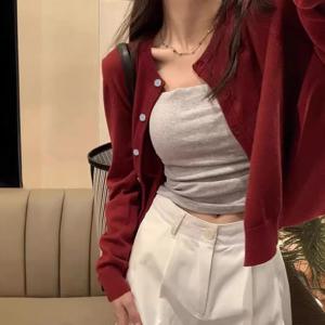 Alobee 레드 카디건 니트 초가을 여성 의류 새로운 2024 야외 자르기 스웨터 겉옷 긴 소매 탑 Bottoming 셔츠