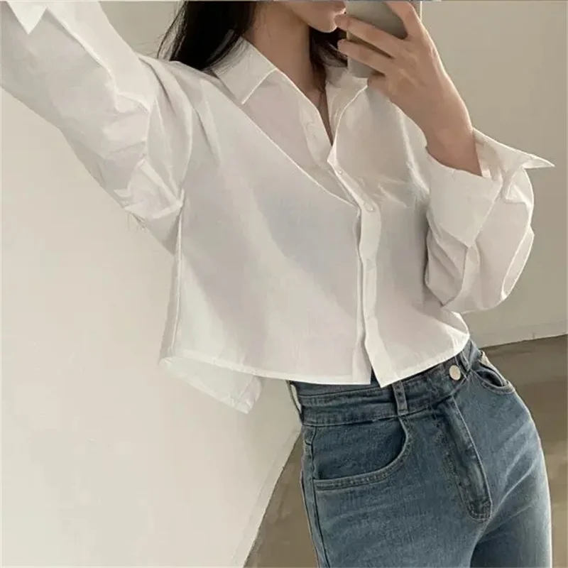 봄 새 캐주얼 긴 소매 여성 흰색 셔츠 한국 스타일 솔리드 버튼 분할 여성 자르기 탑 블라우스 파티 의류