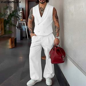 INCERUN 남자 세트 솔리드 컬러 옷깃 민소매 더블 브레스트 조끼 & 바지 2PCS streetwear 2024 패션 남자 캐주얼 정장 S-5XL