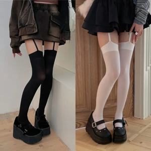 여성 서스펜더 와이드 밴드 벨벳 스타킹 로리타 얇은 허벅지 높은 스타킹과 가터 Y2K JK 대학 스타일 무릎 양말 이상