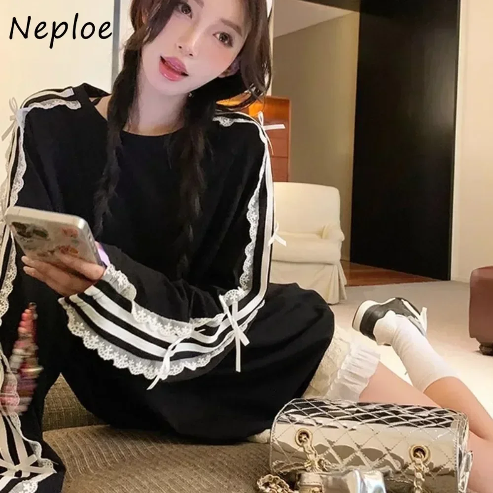 Neploe 캐주얼 오 넥 긴 소매 소수 티셔츠 레이스 패치 워크 루즈 보우 여성 의류 한국 중간 길이 슬림 올 매치 Mujer
