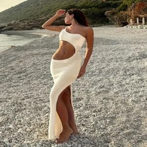 여성 Y2k 니트 랩 비치 맥시 드레스 컷 아웃 비치웨어 커버 섹시한 한 어깨 크로 셰 뜨개질 Bodycon 드레스 파티 클럽 복장 K25