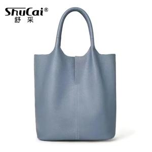 정품 가죽 통근 토트 백 간단한 숙녀 부드러운 소 가죽 토트 숄더 핸드백 대용량 여성 버킷 백 2025 신규