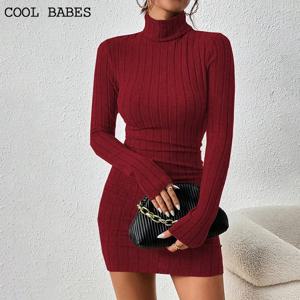 새로운 솔리드 드레스 여성 우아한 파티 가을 겨울 터틀넥 긴 소매 섹시한 외장 미니 드레스 Bodycon 클럽 니트 드레스