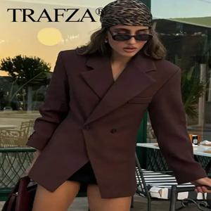 TRAFZA 여성 패션 솔리드 블레이저 옷깃 슬림 더블 브레스트 롱 정장 코트 여성 와일드 오피스 레이디 통근 여성 겉옷 탑