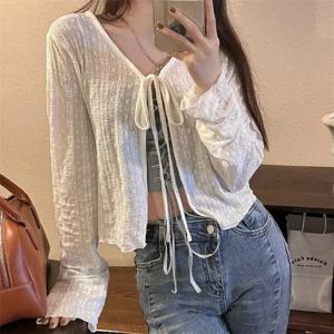 여성 니트 여름 탑 얇은 반팔 보우 디자인 한국 카디건 패션 캐주얼 솔리드 컬러 썬 프로텍션 Y2k 블라우스