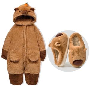 성인 Capybara 가운 Onesies 잠옷 만화 잠옷 동물 Kigurumi 슬리퍼 할로윈 코스프레 의상 따뜻한 잠옷 점프 슈트