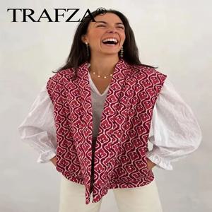 TRAFZA 여성 패션 프린트 조끼 퀼트 민소매 루즈 오픈 스티치 카디건 코트 여성 세련된 캐주얼 스트리트 여성 양복 조끼 탑