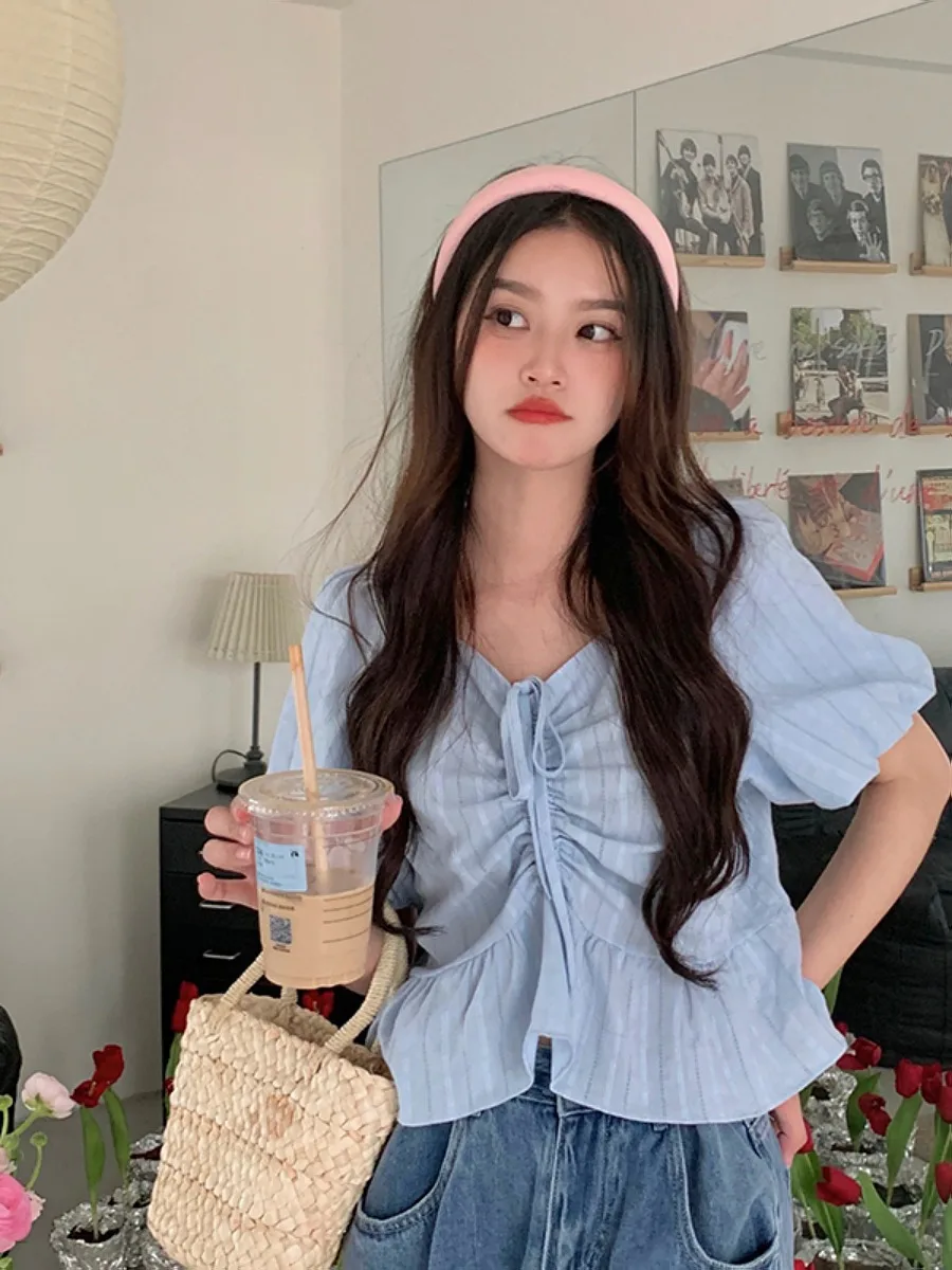 플러스 사이즈 여성용 퓨어 컬러 벨트 플리츠 반소매 셔츠 여름 루즈 오버 헤드 v 넥 세련된 다목적 탑