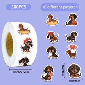 500PCS 귀여운 소시지 개 만화 롤 스티커, 손 계정 봉투 인감 스티커, 방수 장식 스티커