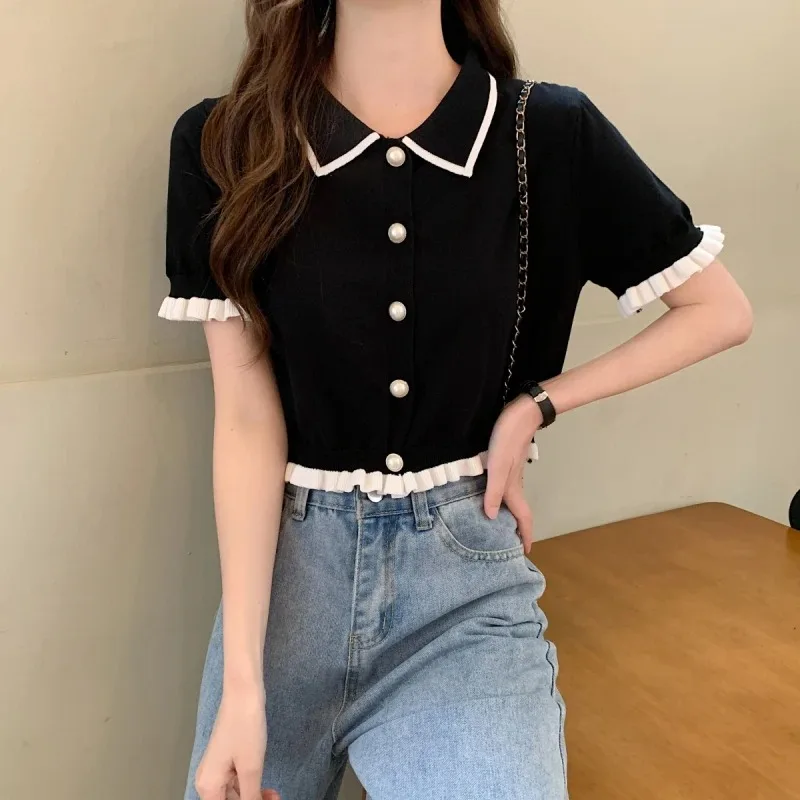 여성용 한국 니트 셔츠, 턴다운 칼라, 시크한 반팔 블라우스, 레트로 슬림, 올매치 여성용 크롭탑, 여름