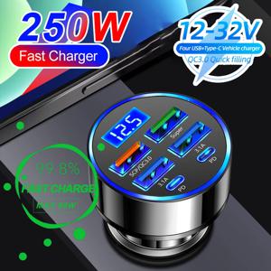 250W PD 차량용 충전기 QC3.0 빠른 충전 1~6개 차량용 시가 라이터 플러그 5포트 차량용 충전기 디지털 디스플레이가 있는 플래시 충전