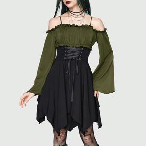 미아 뮤즈 여성용 드레스, 비대칭 밑단 주름 트림, 레이스 업, 긴팔 오프 숄더, 미니 드레스, 가을 할로윈 대비 색상