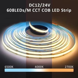 CCT COB LED 스트립 조명 고밀도 608 LED/m 유연한 디밍 가능 FOB Led 테이프 2700K ~ 6500K 변경 가능 LED 조명 DC12V 24V