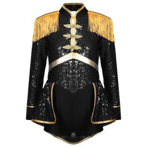키즈 소녀 Ringmaster 서커스 마술사 드러머 크리스마스 댄스 코스프레 의상 긴 소매 프린지 Epaulet 스팽글 바디 슈트