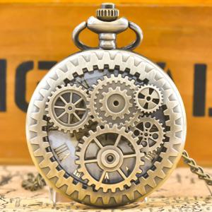 빈티지 청동 Steampunk 구리 컷 아웃 기어 석영 주머니 시계 목걸이 펜던트 시계 체인 남성 여성 체인 선물