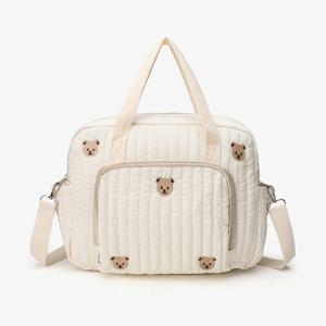귀여운 곰 꽃 자수 패턴 아기 베이지 코튼 원단 지퍼 기저귀 핸드백 새로운 수하물 가방