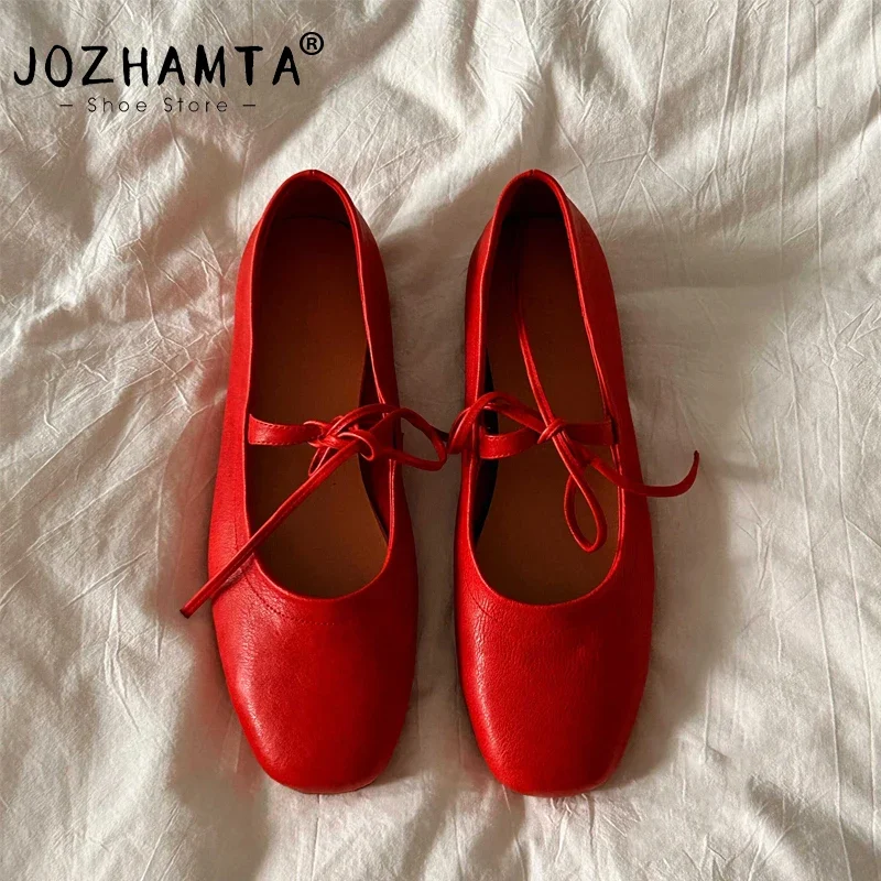JOZHAMTA 여성용 진짜 가죽 신발, 캐주얼 로우 힐 신발, 클래식 플랫 슈즈, 용수철 2025, 오피스 레이디 신발, 사이즈 34-43