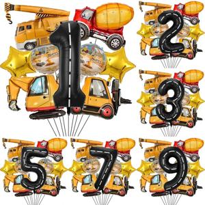 건축 생일 파티 장식, 건축 생일 번호 9개 건축 트럭에 적합한 알루미늄 호일 풍선 생일 건축 테마 파티 용품