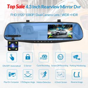 Dashcam 4.3 인치 미러 FHD 1080P 카메라 듀얼 렌즈 DVR 백미러 대시 카메라 자동차 비디오 레코더 자동 블랙 박스 자동차 Dvr