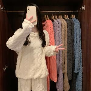두꺼운 따뜻한 겨울 잠옷 여성용 플란넬 세트 학생 잠옷, 홈웨어 상의 및 바지, 스트라이프 잠옷 라운지웨어