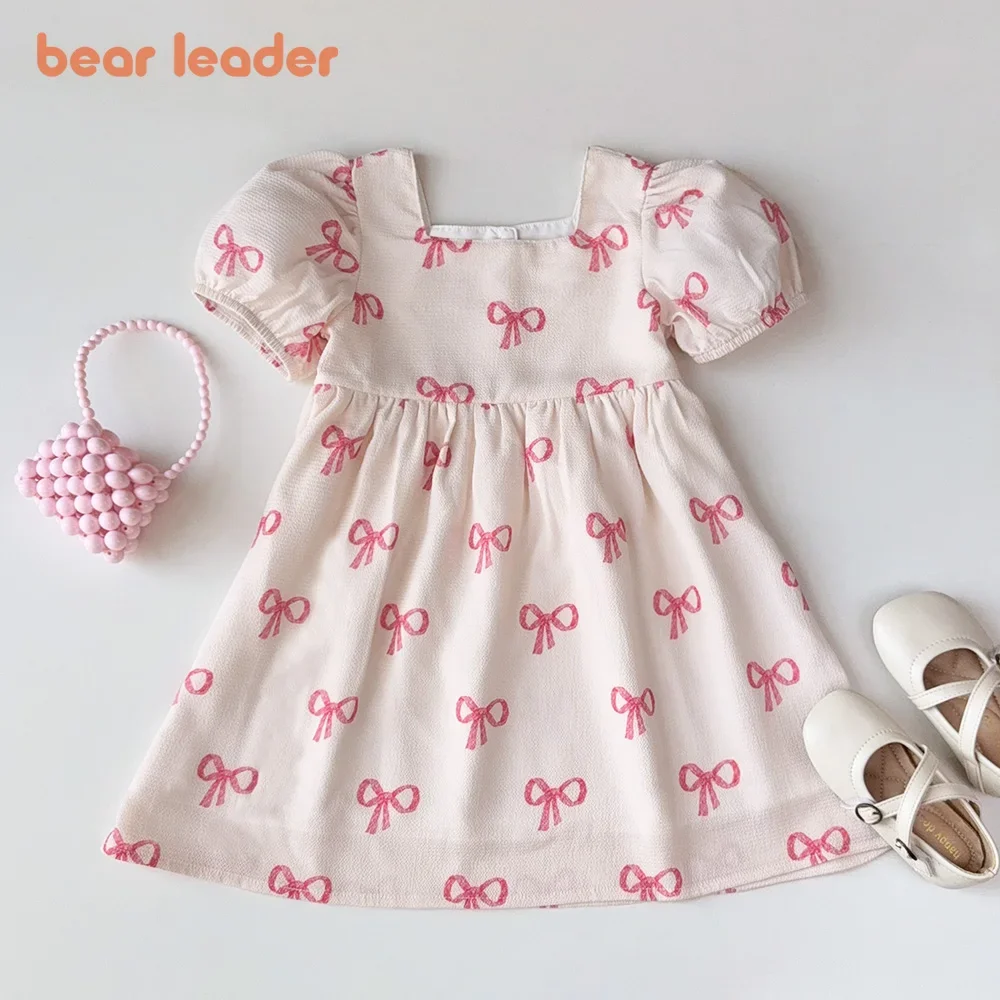 Bear Leader 반팔 소녀 의류 여름 새 활 인쇄 캐주얼 드레스 3-7 년 착용을위한 달콤하고 귀여운 아동복