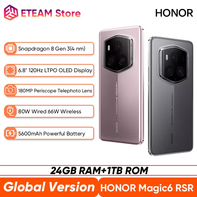 HONOR Magic6 RSR 포르쉐 디자인 5G 스마트폰, 6.8 인치 120Hz LTPO OLED 디스플레이, 66W 무선 슈퍼차지, 정품 글로벌 버전, 신제품