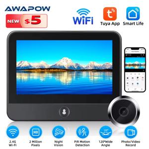Awapow Tuya 무선 레이더 초인종 Wifi 도어 틈 구멍 카메라 PIR 모션 감지 1080P 야간 투시경 4.3 인치 충전식