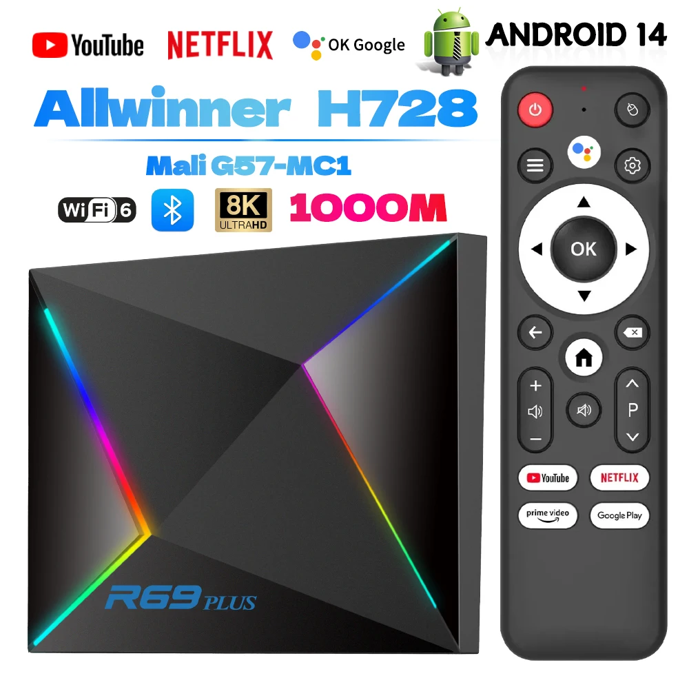 R69PLUS 안드로이드 14 TV 박스 Allwinner H728 옥타 코어 A55 CPU Mali G57 GPU WiFi 6 8K 비디오 BT5.0+ 16GB-46GB 옵션