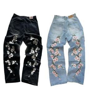 Y2K 남성 청바지 체리 고딕 streetwear 꽃 자수 고품질 청바지 힙합 패션 남성 하라주쿠 여성 와이드 레그 청바지