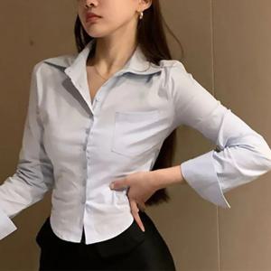 한국어 화이트 오피스 여성 쉬폰 셔츠 포켓 버튼 옷깃 숙녀 블라우스 봄 통근 긴 소매 새로운 여성 자르기 탑