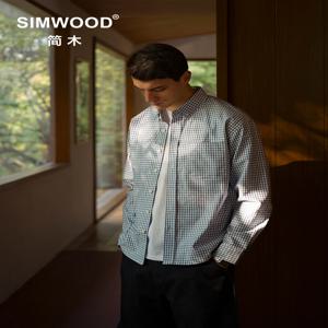 SIMWOOD 2025 봄 뉴 오버 사이즈 170gsm 액체 암모니아 Finish100% 코튼 원단 셔츠 남성 체크 무늬 캐주얼 셔츠