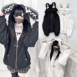 Bunny 까마귀 후드 Y2K 토끼 귀 까마귀 로리타 자켓 보우 걸스 펄 JK 일본 레이스 카와이 지퍼 카디건 긴팔 탑