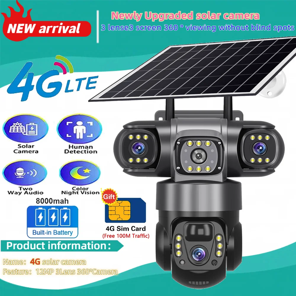 태양열 카메라 4G Sim 야외 3 렌즈 3 화면 10X 줌 PIR 인간 감지 카메라 방수 야간 투시경 CCTV 보안 보호