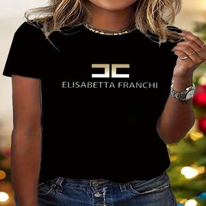 Elisabetta Franchi 여성 티셔츠 레터 프린트 코튼 티셔츠 럭셔리 브랜드 티셔츠 반소매 Y2k 탑 여성 의류 streetwear