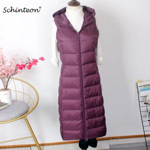Schinteon 여성용 초경량 다운 롱 조끼, 후드 포함 캐주얼 슬림 조끼, 화이트 덕 다운 질렛, 신상 2024
